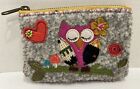 NATURAL LIFE Owl Embroidery Beads Applique Gray Wool  Zip Top Lined Wallet New