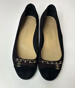 CHANEL  CC Logo Suede Ballet Flats Brown/Black  Size: 7 / IT 37 Made In Ital