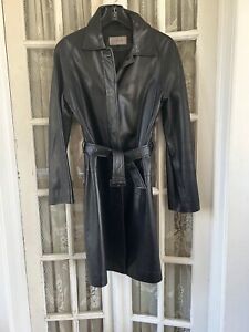 Jaeger Ladies Leather Trench Coat UK12/US10 Black Pre-Owned
