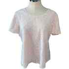 Chico's Lace Overlay Embroidered front short sleeve shirt Size 1 M/8 cream/peach