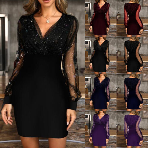 Womens Sexy Mesh Party Mini Dress Ladies Evening Cocktail V Neck Bodycon Dress