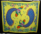 HERMES Vintage Bright Yellow & Multicolor Peacock Print Cotton Pareo Shawl Wrap