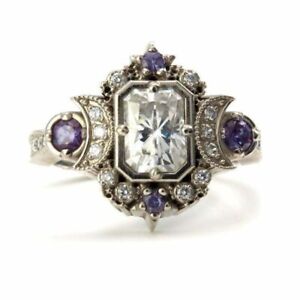 Art Deco Style Lab Created Diamond Moon Goddess Vintage Engagement Silver Ring