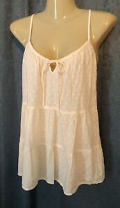 A-Line Babydoll Tank Top Sz L Ivory Dotted Swiss Pleated Tiers Adjustable Straps