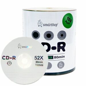 100 Smartbuy CD-R 52X 700MB/80Min Branded Logo Blank Media Recording Disc