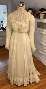 1890's Cotton Lawn Gown- Lace and Silk Trims- Two Petticoats Sewn to Dress