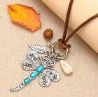 HANDMADE VINTAGE STYLE DRAGONFLY ALLOY STONE CORD WOMAN PENDANT NECKLACE.