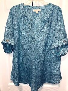 NEW Michael Kors Woman's Green Blue White Patterned Light Weight Blouse Size 2X
