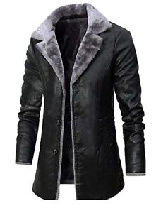 Men's Real Leather Jacket Fur Shearling Lapel Collar Long Trench Black Coat