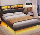 Queen Bed Frame with Outlets &Headboard Upholstered Platform Bed with LED Lights