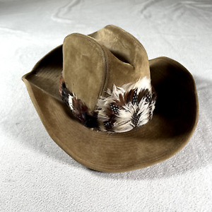 Vintage YA Longhorn Hat Mens 7 1/8 Brown Feather Ranch Wear Western Cowboy Korea