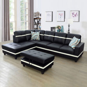 Pick Up Black&White Semi PU Synthetic Leather 3-Piece Couch Living Room Sofa Set