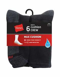 Hanes 6-Pack Crew Socks Mens Max Cushion  FreshIQ Wicking Cool ComfortBlend 6-12