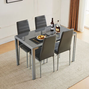 4x Gray Faux Leather Dining Chairs with Black Tempered Glass Dining Table Set