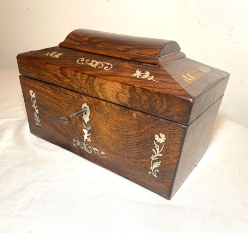 Antique 19th Century English Regency Rosewood Mother-Of-Pearl Tea Caddy box