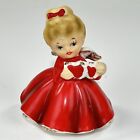 Vintage Lefton Valentine Angel Girl In Red Dress Two Hearts Figurine 3”  Japan