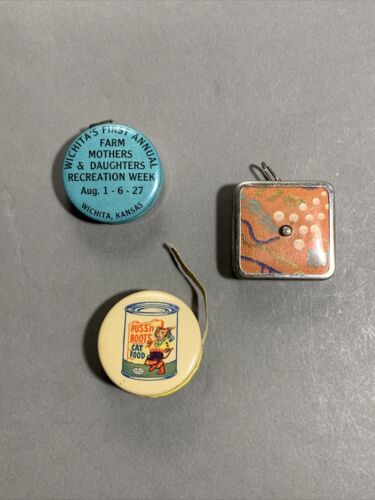 Vintage Sewing Pocket Tape Measure Celluloid Advertising Lot of 3 Puss in Boots