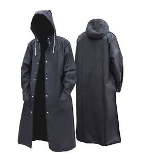 Black Waterproof Long Raincoat Rain Coat Hooded Trench Jacket Outdoor Hiking