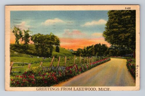 Lakewood MI-Michigan, General Greetings Road, Antique, Vintage c1947 Postcard