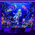 Blacklight under the Sea Tapestry, UV Reactive Colorful Coral Plant Jellyfish Di