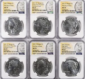 2021 MORGAN & PEACE SILVER DOLLAR NGC MS70 FIRST DAY OF ISSUE 6 COIN SET