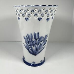 Delftware- White Pierced Vase - Blue Trim w/ Tulips - Holland Hand painted 6”