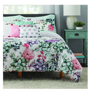 10 Pc Jade Floral Queen Size Comforter Set Bed in a Bag Sheets Bedskirt Bedding
