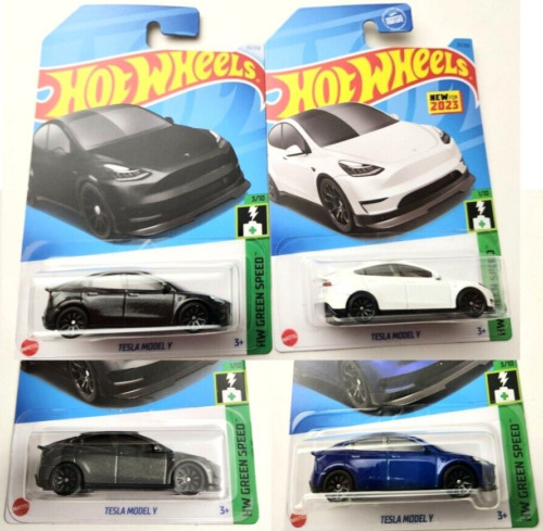 Hot Wheels Tesla Model Y Black Blue 2024 HW Green Speed +2023 White & Gray -4pcs
