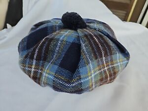 Highlander Tam By Lochcarron Beret Cap Scotland Wool BLUE TARTAN Plaid Pom