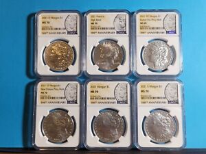 2021 Morgan & Peace Silver Dollars NGC - MS70  6 Coin Set P, D, S, O, CC, #2ms70