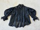 Antique Edwardian Black Silk Lace Ribbon Insertion Puff Sleeve Blouse Top