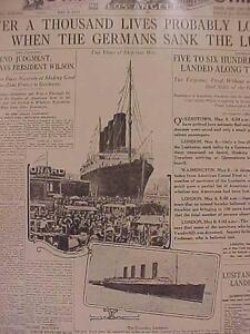 VINTAGE NEWSPAPER HEADLINE ~WORLD WAR 1 GERMANY LUSITANIA SUNK DISASTER WWI 1915