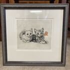 *RARE Antique META PLUCKEBAUM Two Kittens w/ Bow Etching, Pencil Signed Framed