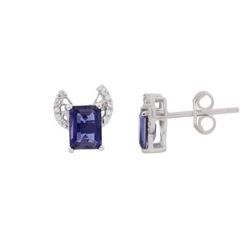 Tanzanite Diamond Bings Stud Earrings In Sterling 925 Silver Minimalist.