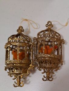Vintage Pair Of Plastic Gold Bird Cage Christmas Ornament With Birds  4.5