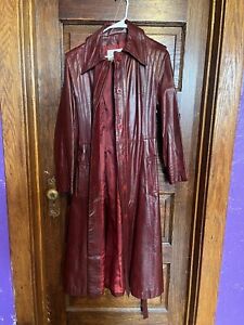WILSONS Womens Leather Trench Coat Button Down Belted Burgundy Size 16/14