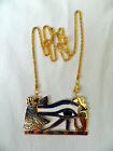 Large Egyptian Metal Gold Plated Blue White Eye Of Horus Isis Necklace 1.75X2.75