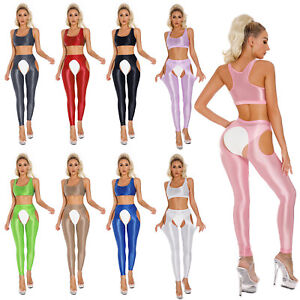Womens Sportswear Stretch Vest And Pants Glossy Crop Top With Pantyhose Sets