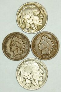 Indian Head Penny, Buffalo Head Nickel - 4 coin lot