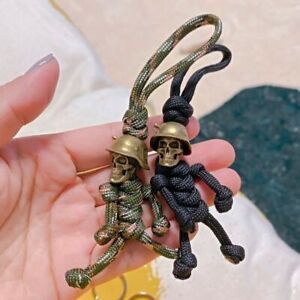 Pure Brass Skull Head Soldier King Knife Bead Keychain Lanyard Pendant Paracord