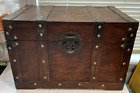 Vintage Wooden Storage Chest Trunk With Brass Rivots & Hinged Lid