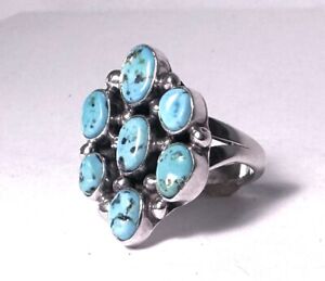 Vintage Old Pawn 1960’s  Sterling Silver  7 Stone TURQUOISE Cluster Ring Size 8