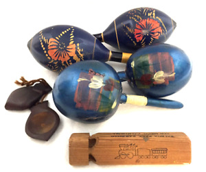 Wooden Musical Instruments 4 Maracas 1 Train Whistle 1 Castanets Lot of 6 Vtg