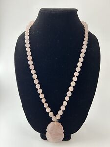 Beautiful Rose Quartz Necklace W/ Large Carved Flowery Pendant Vintage 80s Real