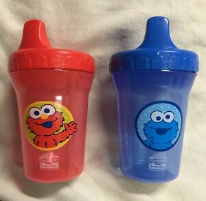 Lot Of 2 Sesame Beginnings Spill Proof Cup, 8 Ounce Each Cookie Monster & Elmo