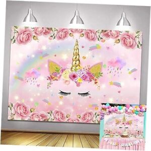 Unicorn Backdrop for Girls Birthday Party Watercolor Flowers Rainbow 7x5ft