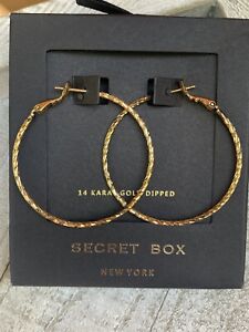 14 KARAT GOLD DIPPED 1.5” Hoop Diamond Cut Pierced Earrings SECRET BOX NY NWT