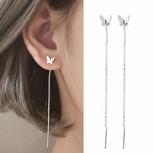 925 Silver Tassel Butterfly Threader Earrings Stud Long Drop Dangle Women