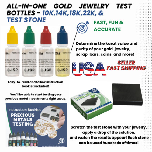 Gold Testing Kit 10k 14k 18k 22k Solutions Acids + Scratch Stone Test