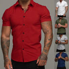 Men's Muscle Dress Shirt Slim Fit Stretch Short Sleeve Casual Button Down Shirts